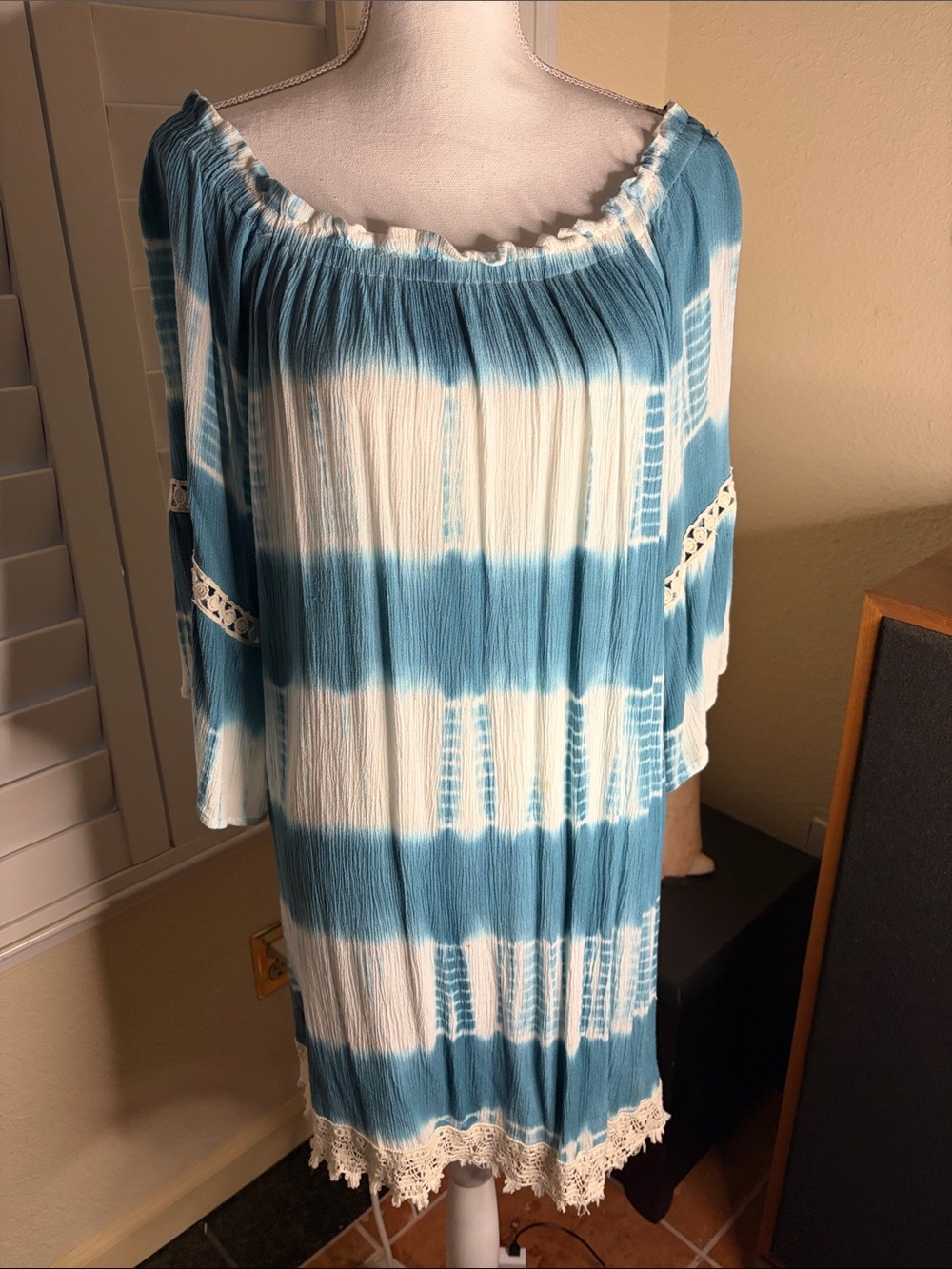 🩵👗Flying Tomato Aqua & White Tie Die Off Shoulder Dress W/3/4 Sleeves Size 2X